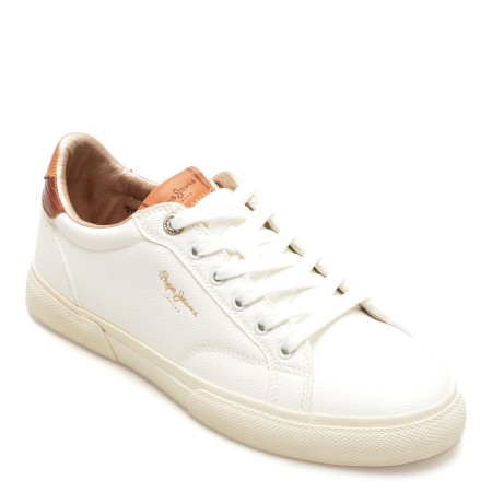 Pantofi casual PEPE JEANS albi, KENTON STREET,  din piele ecologica