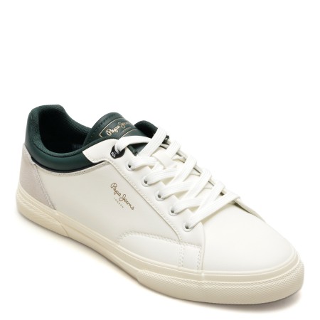 Pantofi PEPE JEANS albi, KENTON JOURNEY,  din piele ecologica