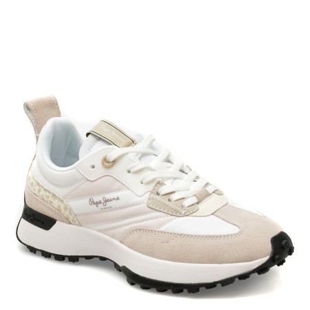 Pantofi sport PEPE JEANS albi, LUCKY PRINT,  din material textil