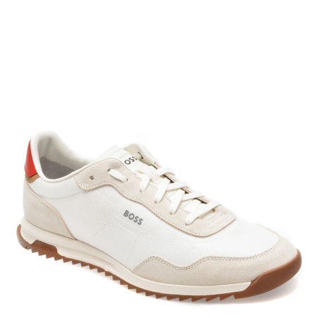 Pantofi sport BOSS albi, 7276, din material textil si piele intoarsa, barbati