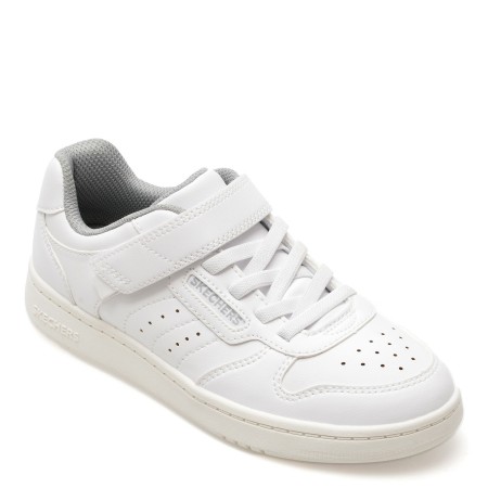 Pantofi sport SKECHERS albi, QUICK STREET, din piele ecologica, baieti