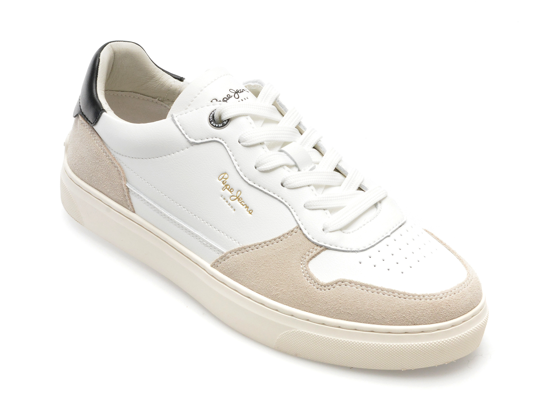Pantofi casual PEPE JEANS albi, CAMDEN STREET, din piele ecologica