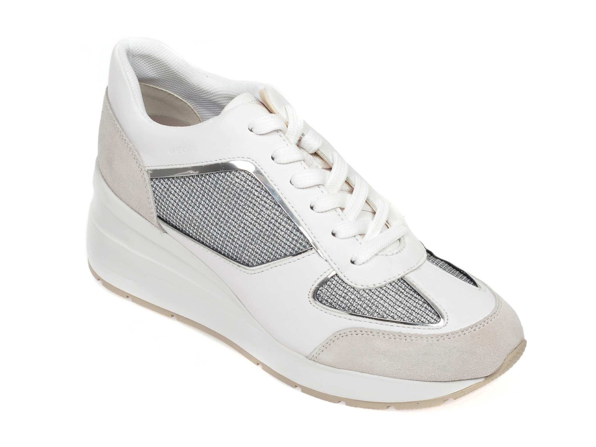Pantofi sport GEOX albi, D028LA, din material textil si piele intoarsa