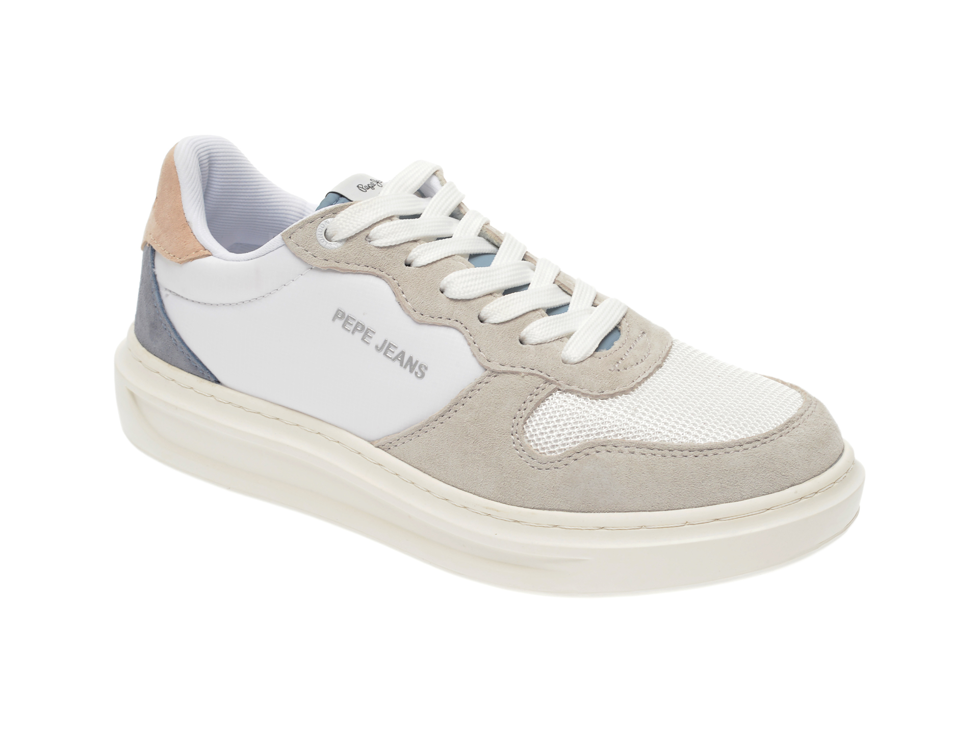 Pantofi sport PEPE JEANS albi, LS30962, din material textil si piele intoarsa