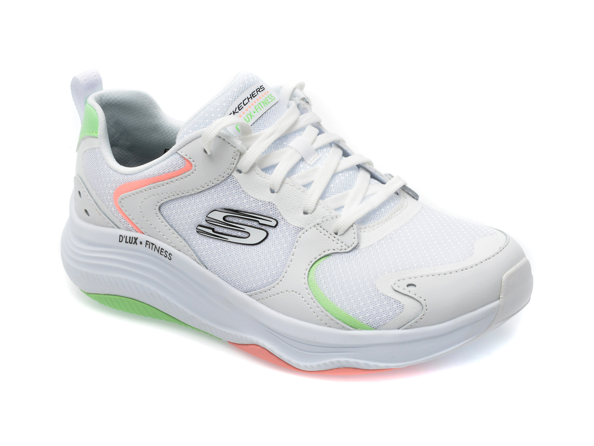 Pantofi sport SKECHERS albi, D LUX FITNESS, din piele ecologica si material textil