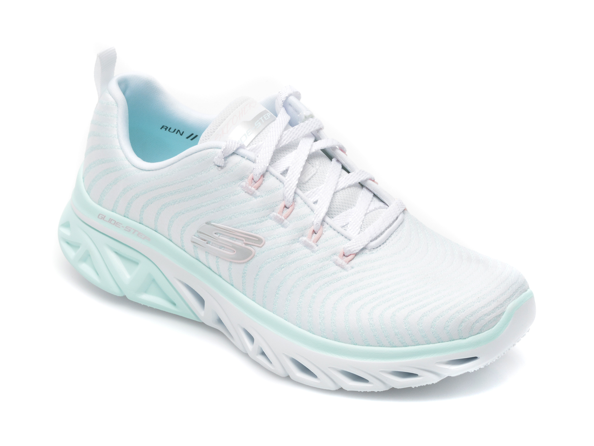 Pantofi sport SKECHERS albi, Glide-Step Sport Wave Runner, din material textil otter.ro