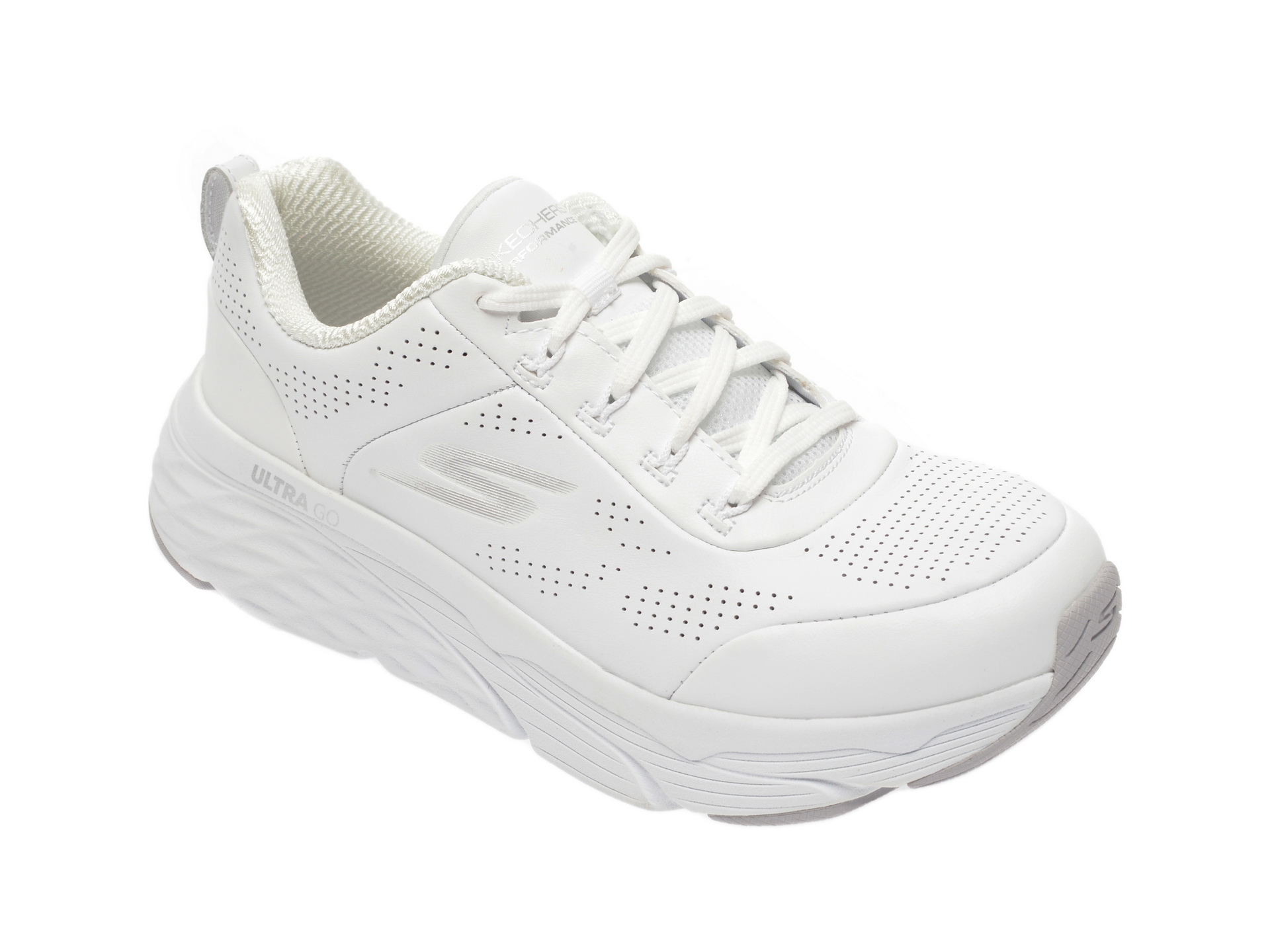 Pantofi sport SKECHERS albi, Max Cushioning Elite Step Up, din material textil si piele naturala