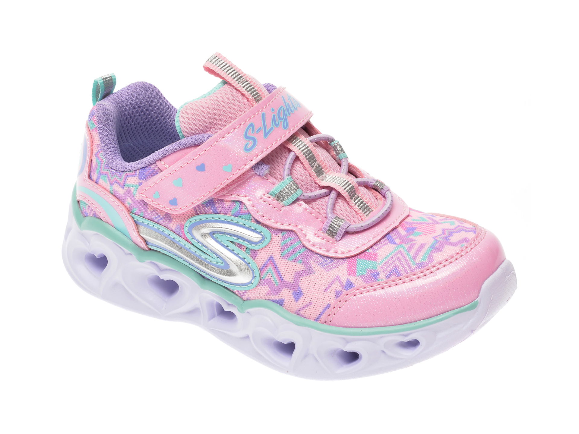 Pantofi sport SKECHERS roz, Heart Lights, din material textil si piele ecologica