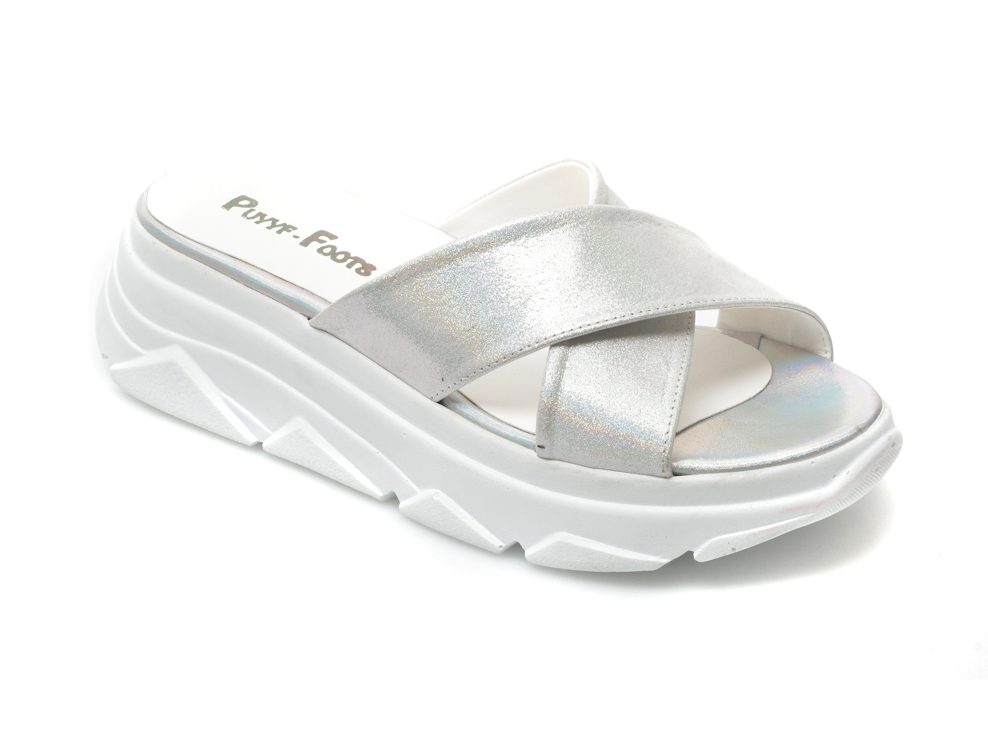 Papuci PUYYF FOOTS argintii, 32912, din piele naturala lacuita /femei/papuci