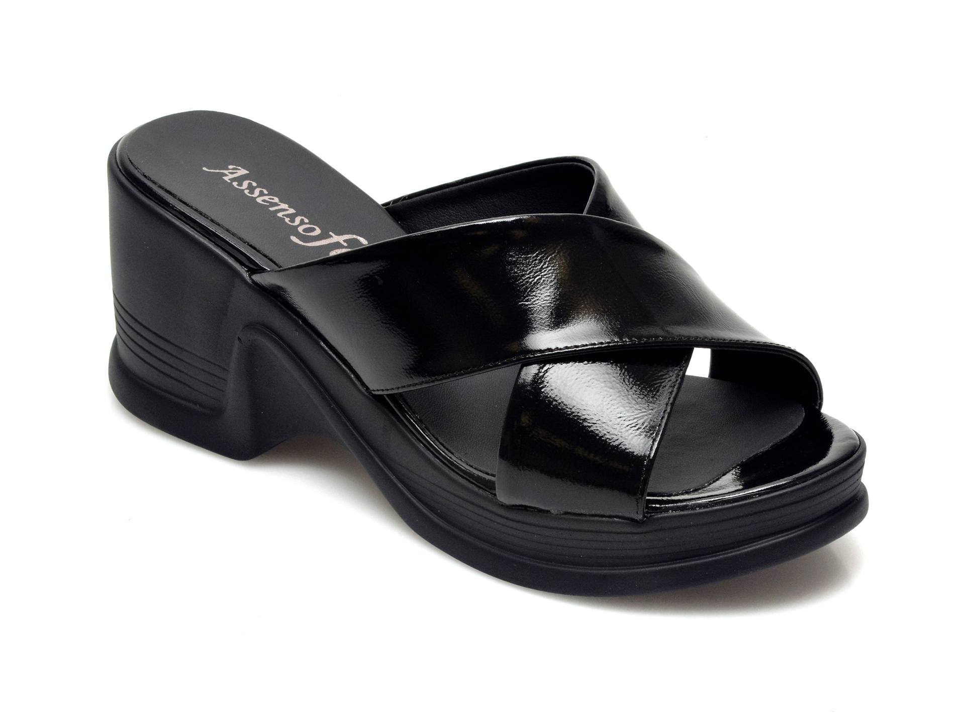 Papuci PUYYF FOOTS negri, 32911, din piele naturala lacuita /femei/papuci